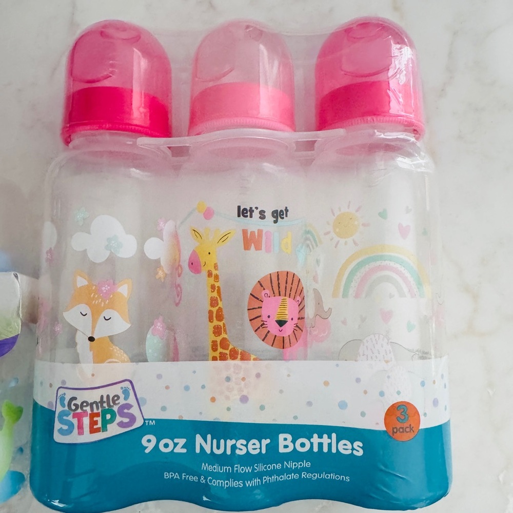 Bundle of Colorful Baby Bottles Set and Pacifiers
